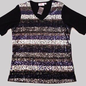 NWT Quacker Factory Sequin Lace t-shirt Medium Black Silver Blue New Year's Eve